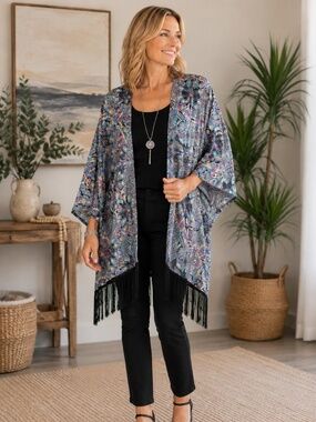 Purple Boho Paisley Fringe Kimono Duster M/L
